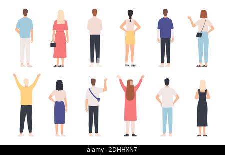 People from behind. Adult man and woman back view standing poses. Happy person with hands up and waving. Rear human in clothes vector set Stock Vector