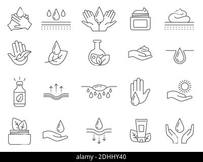 Skin care icons. Outline anti age lifting cream, oil drop, hands moisture gel, collagen and ph balance. Natural cosmetics line vector set Stock Vector