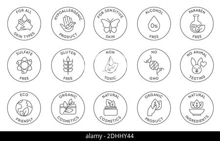 Eco cosmetics icon. Organic natural products alcohol, paraben and gluten free line icons for packaging. Round stamps and badges vector set Stock Vector