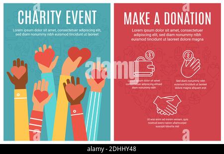 Charity event flyer. Donation and volunteering poster. Hands donate hearts and line icon elements. Community help brochure vector concept Stock Vector