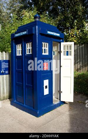 Police Call Box & Also Known As Dr Who's Tardis At The Avoncroft Museum of Historic Buildings Stoke Heath Bromsgrove Worcestershire England UK Stock Photo