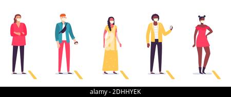 People in line keeping social distance. Diverse man and woman standing in queue with distancing. Coronavirus Stock Vector