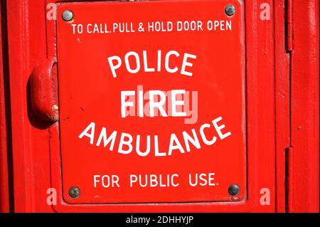 Public Call Box For Police Fire & Ambulance At The Avoncroft Museum of Historic Buildings Stoke Heath Bromsgrove Worcestershire England UK Stock Photo