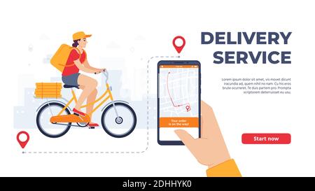 Delivery service application. Woman riding bicycle with food mobile app. Online service, courier on bike Stock Vector