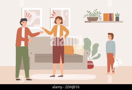 Parents arguing in front of child. Angry mother and father quarreling in living room. Sad son watching conflict Stock Vector