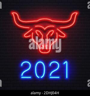 Neon red ox for 2021 New Year greeting card. Bright blue letters 2021 sign, bar or cafe signboard, light banner Stock Vector