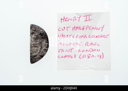 Silver short cross cut half penny English hammered coin of King Henry II of the 12th century dated around 1180- 1189  minted in London England isolate Stock Photo