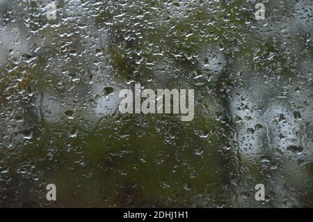 A closeup of rain drops on a glass window with blurry trees in the background Stock Photo