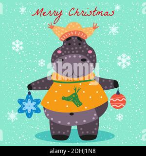 Merry Christmas Hyppo cute with hat, sweater and toys, card. Hand drawn character illustration vector isolated poster banner Stock Vector
