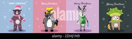 Christmas Animals Card Set cute bear, hedgehog, raccoon, deer. Hand drawn collection characters illustration vector isolated Stock Vector