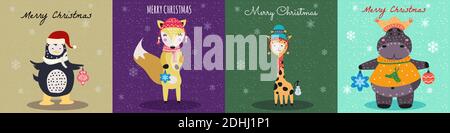 Christmas Animals Card Set cute hippo, fox, penguin, giraffe. Hand drawn collection characters illustration vector isolated Stock Vector