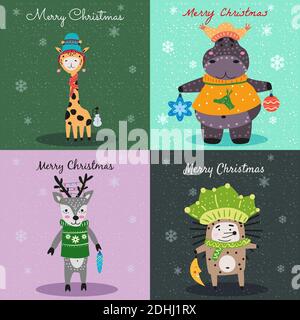 Christmas Animals Card Set cute hippo, hedgehog, deer, giraffe. Hand drawn collection characters illustration vector isolated Stock Vector