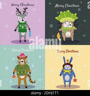 Christmas Animals Card Set cute cat, hedgehog, deer, rabbit. Hand drawn collection characters illustration vector isolated Stock Vector