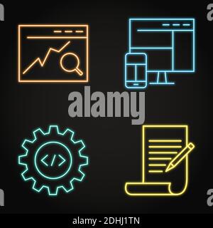 Neon SEO icon set in line style. Search engine optimization, responsive design, web development and copywriting symbols. Vector illustration. Stock Vector