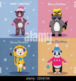 Christmas Animals Card Set cute bear, lion, panda, raccoon. Hand drawn collection characters illustration vector isolated Stock Vector