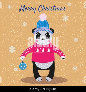 Merry Christmas Cute Panda with hat, sweater and toy, card. Hand drawn character illustration vector isolated poster banner Stock Vector