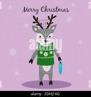 Merry Christmas Cute Deer with sweater, garland and toy card. Hand drawn character illustration vector isolated poster banner Stock Vector