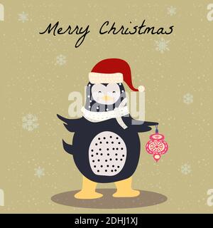 Merry Christmas Cute Penguin with scarf, hat and toy card. Hand drawn character illustration vector isolated poster banner Stock Vector