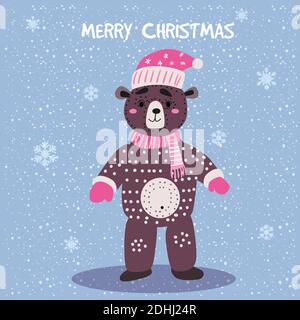 Merry Christmas Cute Bear with scarf, hat and toy card. Hand drawn character illustration vector isolated poster banner Stock Vector