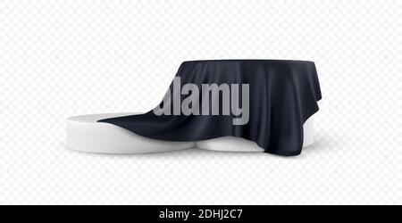Realistic 3d round white product podium display covered black fabric drapery folds isolated on white background. Vector illustration Stock Vector