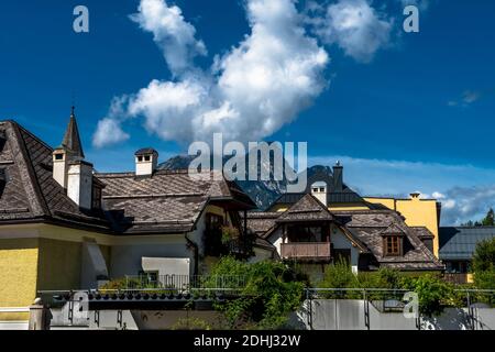 Traditional Houses With Mountain In Bad Aussee in The Alps Of Austria Stock Photo