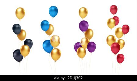 Set of festive bouquets of gold, blue, red, black and purple balloons isolated on white background. Vector illustration Stock Vector