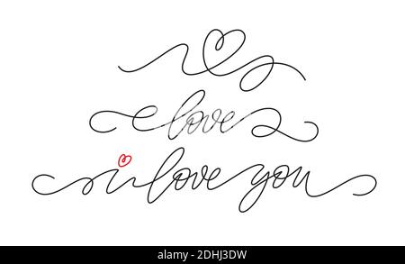 Set of single continuous line handwriting lettering for Happy Valentines Day isolated on white background. Vector illustration Stock Vector