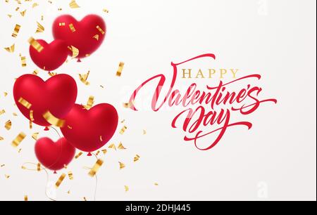 Red glittering heart shape balloons with gold glittering confetti inscription Happy Valentines Day isolated on white backgroundVector illustration Stock Vector