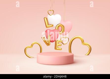 Empty pink product podium scene with pink and white heart shape balloons and gold word love balloons. Design concept for Happy Valentines Day. Vector Stock Vector