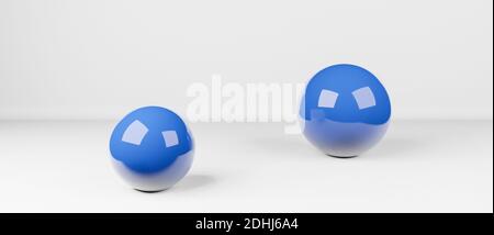 Abstract round spheres, globes or balls in realistic digital studio interior, cgi render illustration, background wallpaper rendering, white, blue Stock Photo