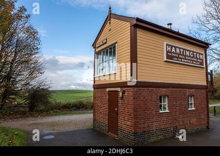 Hartington signal box on the Tissington Trail, a walking and cycling route following a former railway line in the Peak District, Derbyshire Stock Photo