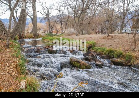 BIG PINE, CALIFORNIA, UNITED STATES - Dec 06, 2020: Tinnemaha Creek flows through Tinnemaha Campground in the Eastern Sierra region. Stock Photo