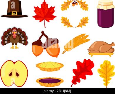 Colorful fall harvest element set. Festive autumn party icons. Thanksgiving themed vector illustration for logo, poster, postcard or invitation card d Stock Vector