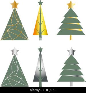 New Year and Christmas set of abstract pines with gold and silver Stock Vector