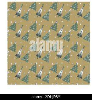Seamless pattern with silver gradient Christmas trees on light brown background Stock Vector