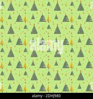 Seamless pattern with golden gradient Christmas trees on light green background Stock Vector