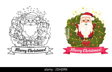 Merry Christmas Wreath Circle Shape and Santa Claus Doodle Vector Design Template Isolated. Coloring Black and white and color version. Children book Stock Vector