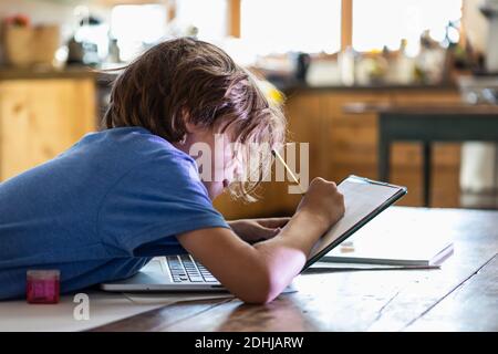 young boy tracing on his laptop computer Stock Photo - Alamy