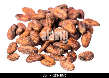 Real dried not roasted cocoa beans isolated on white background Stock Photo