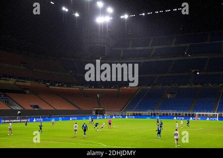 Milan, Italy - 09 December, 2020: General view shows empty stands at stadio Giuseppe Meazza (also known as San Siro) during the UEFA Champions League Group B football match between FC Internazionale and FC Shakhtar Donetsk. Football stadiums around Europe remain empty due to the Coronavirus Pandemic as Government social distancing laws prohibit fans inside venues resulting in fixtures being played behind closed doors. The match ended 0-0 tie. Credit: Nicolò Campo/Alamy Live News