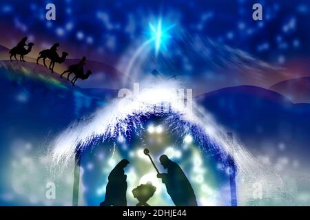 Christmas Nativity Scene with Baby Jesus in manger and Mary with Joseph. Christmas background. Stock Photo