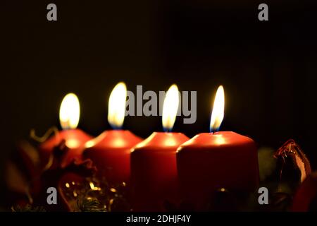 Cozy winter background with burning candles, decorative details, knitted  elements with bokeh lights, copy space Stock Photo - Alamy