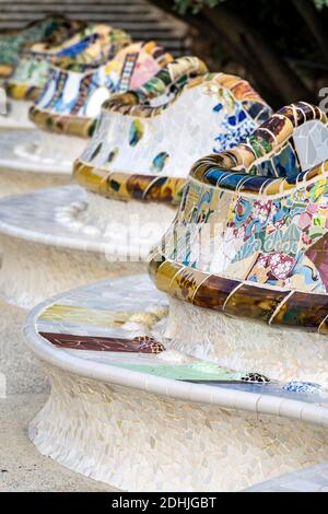 Tiled serpentine bench, Park Guell, Barcelona, Catalonia, Spain Stock Photo
