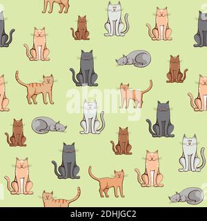 seamless pattern colorful cats on green background Stock Vector