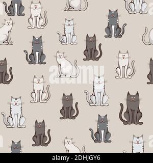 seamless pattern colorful cats on gray background Stock Vector