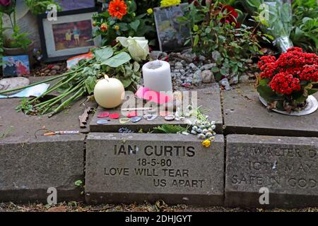 Ian Curtis memorial stone at  Macclesfield Crematorium,Prestbury Road,Cheshire,England,UK,SK10,Factory label,Joy Division vocalist,song writer