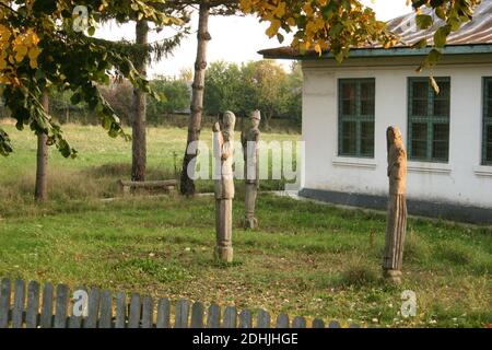 Olt County, Romania. Wooden sculptures by Romanian artist Nicolae Nica. Stock Photo