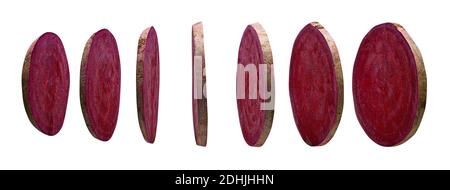 Beetroot slices levitating in the air isolated on white background Stock Photo