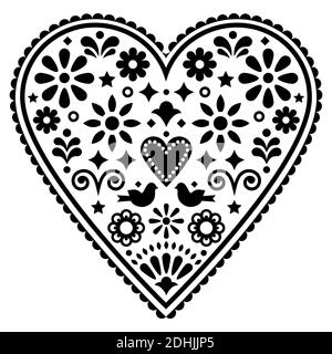 Mexican heart folk art vector design, monochrome Valentine's Day or wedding invitation greeting card with birds and flowers Stock Vector