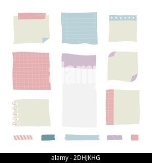 Realistic lined sticky notes with clip binder and adhesive tape. Blank ...